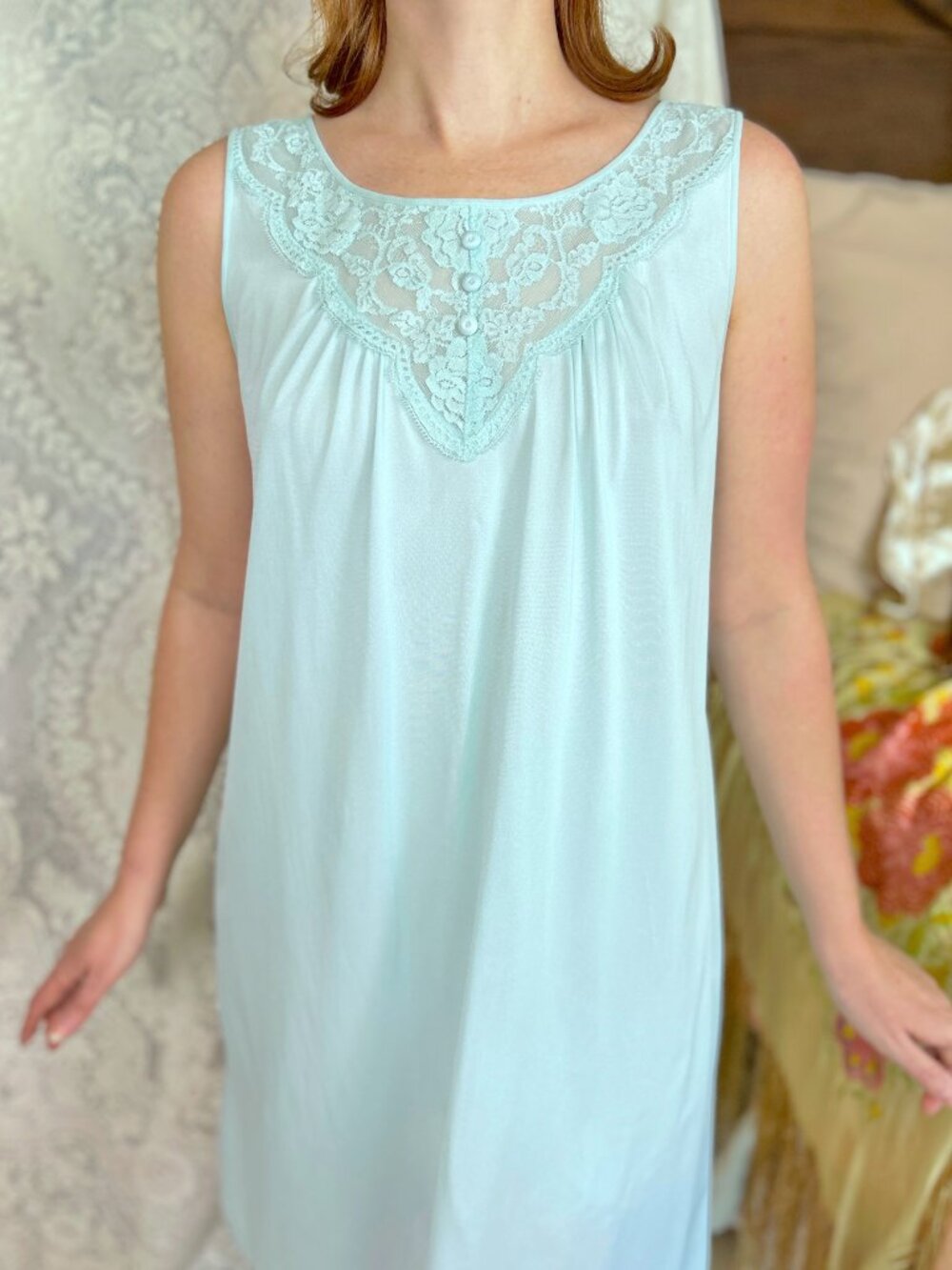 Vintage 60s Blue Babydoll Nightgown, Nylon, Lace Embroidery, Retro Romantic